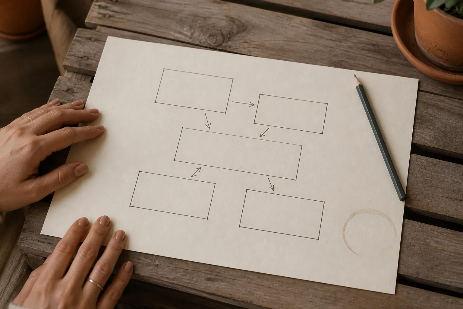 Hands annotating a hand-drawn stall map on cream paper, arrows between household and visitor rows, a graphite pencil, tea ring at the corner, crate slats visible underneath, 1600x900