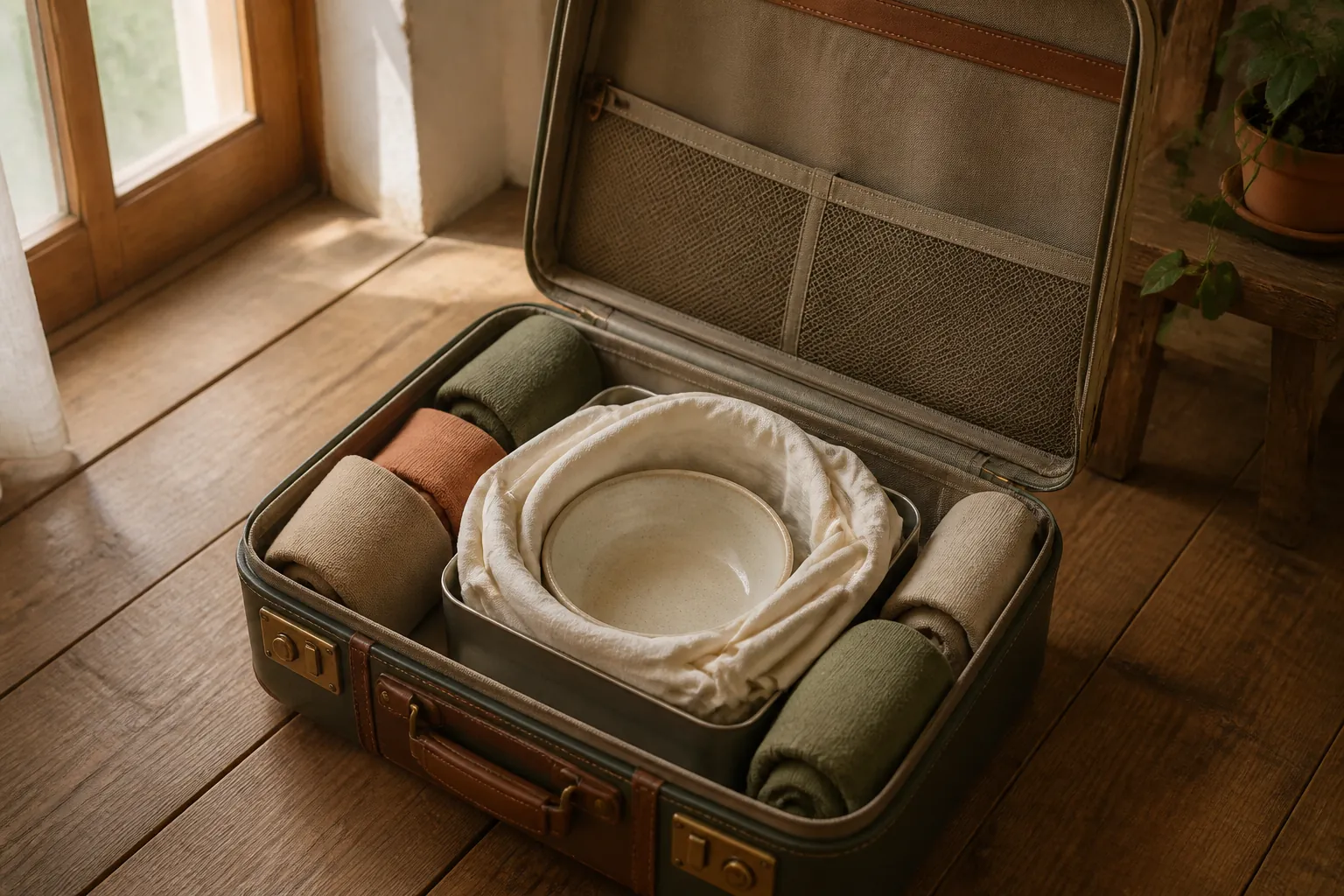 Open suitcase on a guesthouse floor, a ceramic bowl wrapped in a folded shirt inside a tin sleeve, socks filling the corners, window light on the packing sequence, 1600x900