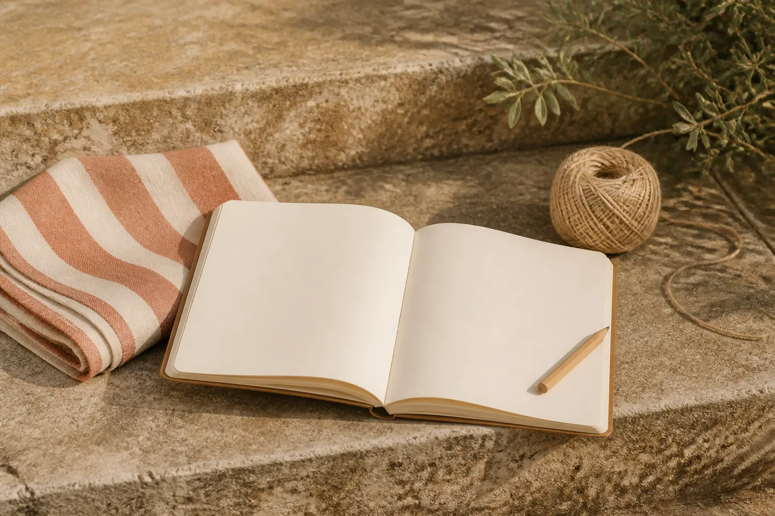 Folded striped market cloth beside an open field notebook on a stone step, graphite notes visible, a ball of twine and a blunt pencil in warm late-day light, 1600x900