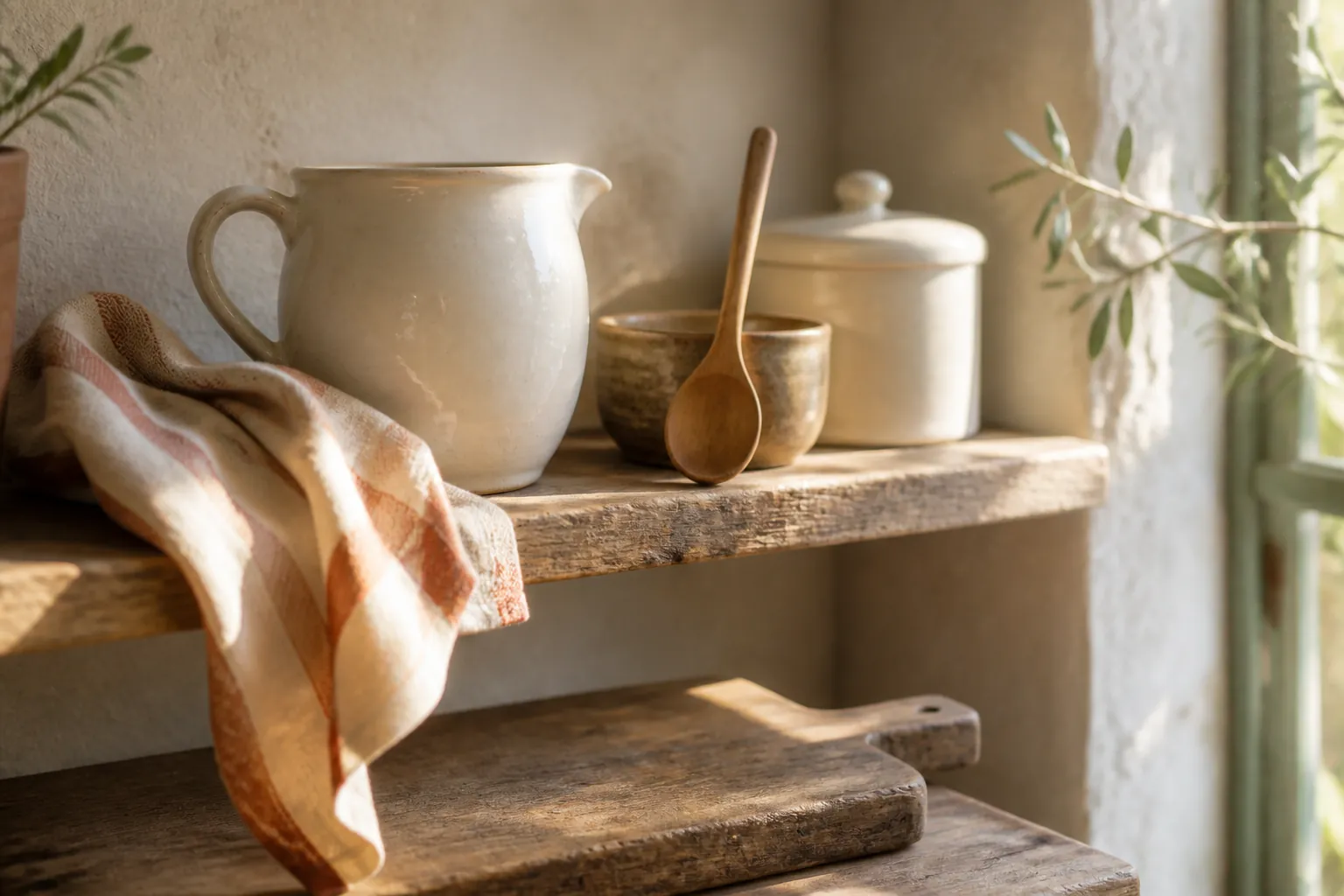 Sunlit kitchen shelf with a glazed pouring jug, a folded striped cloth, and a small wooden spoon resting against stoneware, dust motes in the light, a worn cutting board below, 1600x900