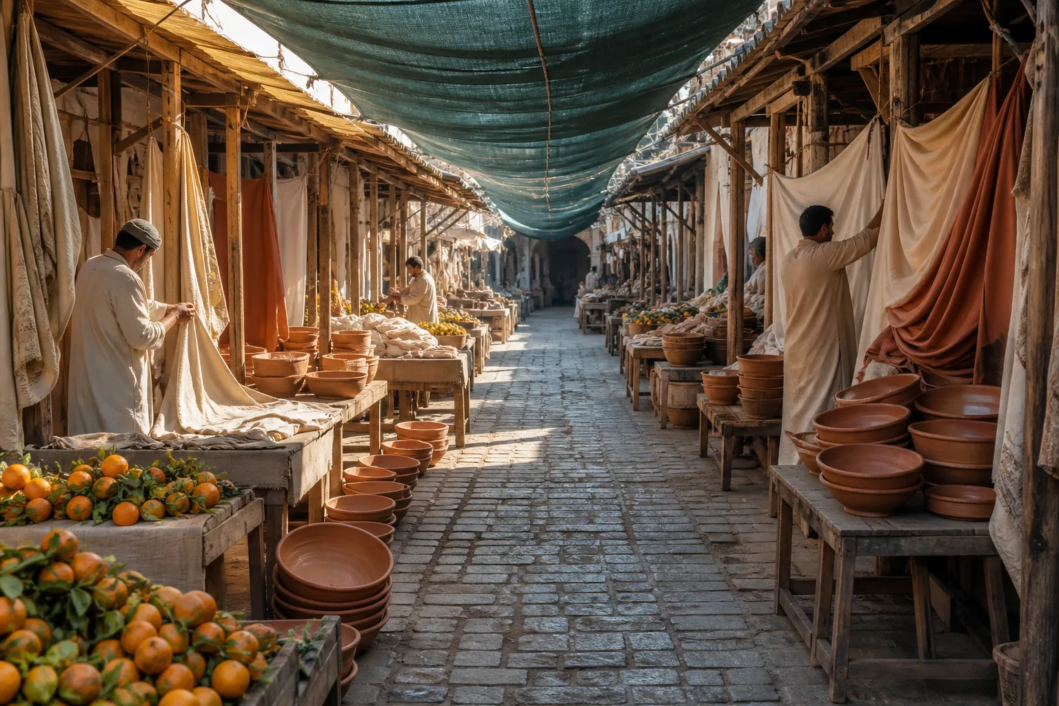 Long covered market aisle at first light, wooden stalls opening on both sides, citrus and stacked clay bowls catching warm sun, vendors arranging cloth while the far end still sits in cool shadow, 1920x1080