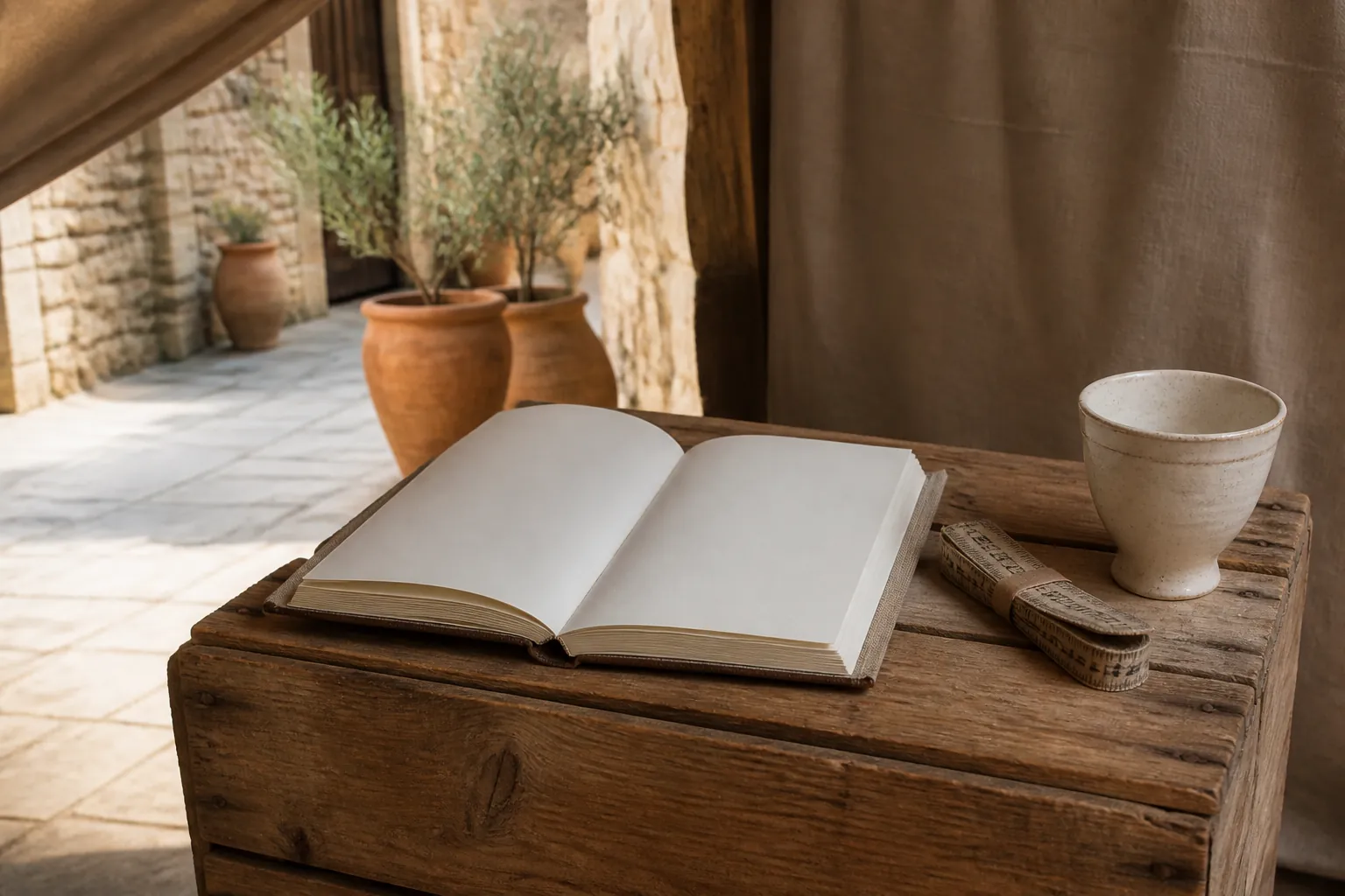 Closed wooden market crate used as a desk, an open cloth-bound notebook with pencil notes, a folded measuring tape, and a ceramic cup in late afternoon shade under a canvas awning, 1920x1080