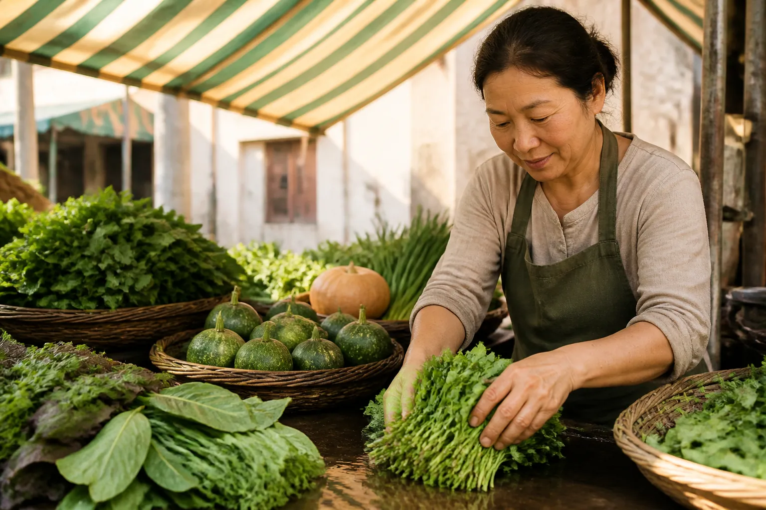 Close view of a produce stall at mid-morning, woven baskets heaped with leafy greens and round squash, a vendor's hands setting a bunched herb bundle on wet wood, canvas awning throwing striped shade, 1600x900