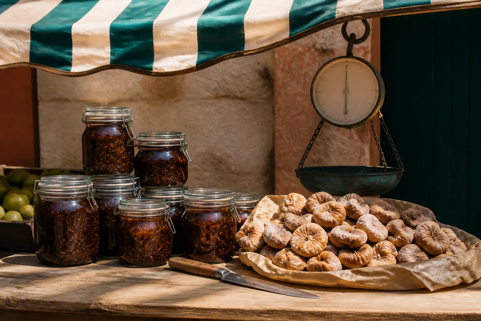 Market stall close-up of sealed glass jars of dark preserve beside a heap of dried figs on paper, a vendor's knife and a small hanging scale, striped awning shadow across the wood, 1600x900