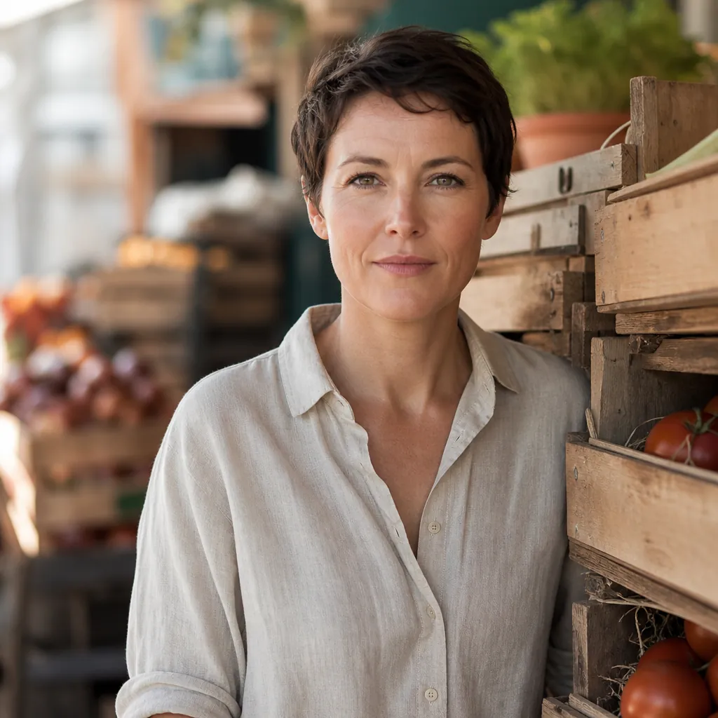Helena Marlowe, a woman in her forties with cropped dark hair and a linen shirt, standing beside stacked market crates in soft morning light, Helena Marlowe, 400x400