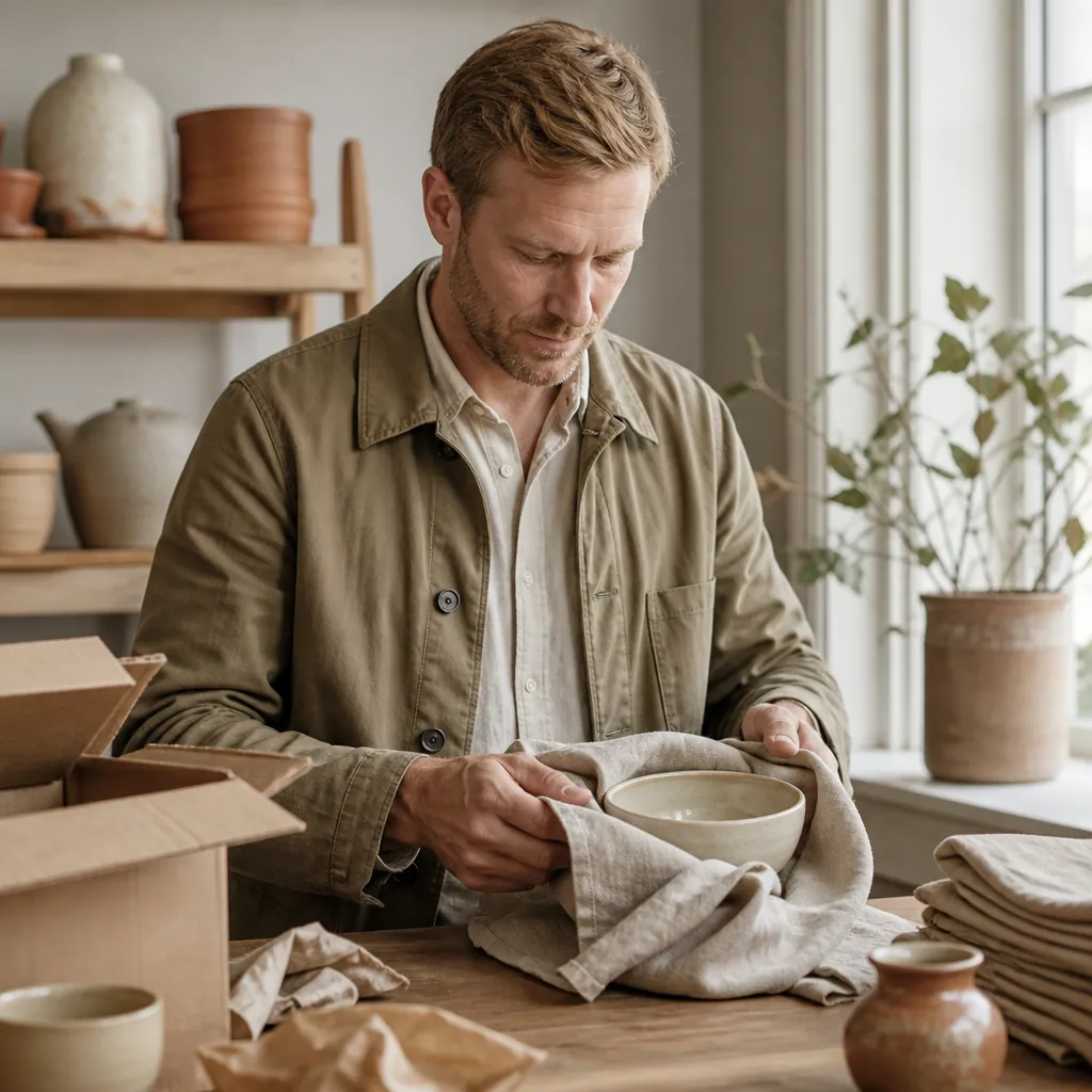 Julian Crowe, a man in his late thirties with short sandy hair and a canvas jacket, wrapping a ceramic bowl in cloth at a packing table, Julian Crowe, 400x400