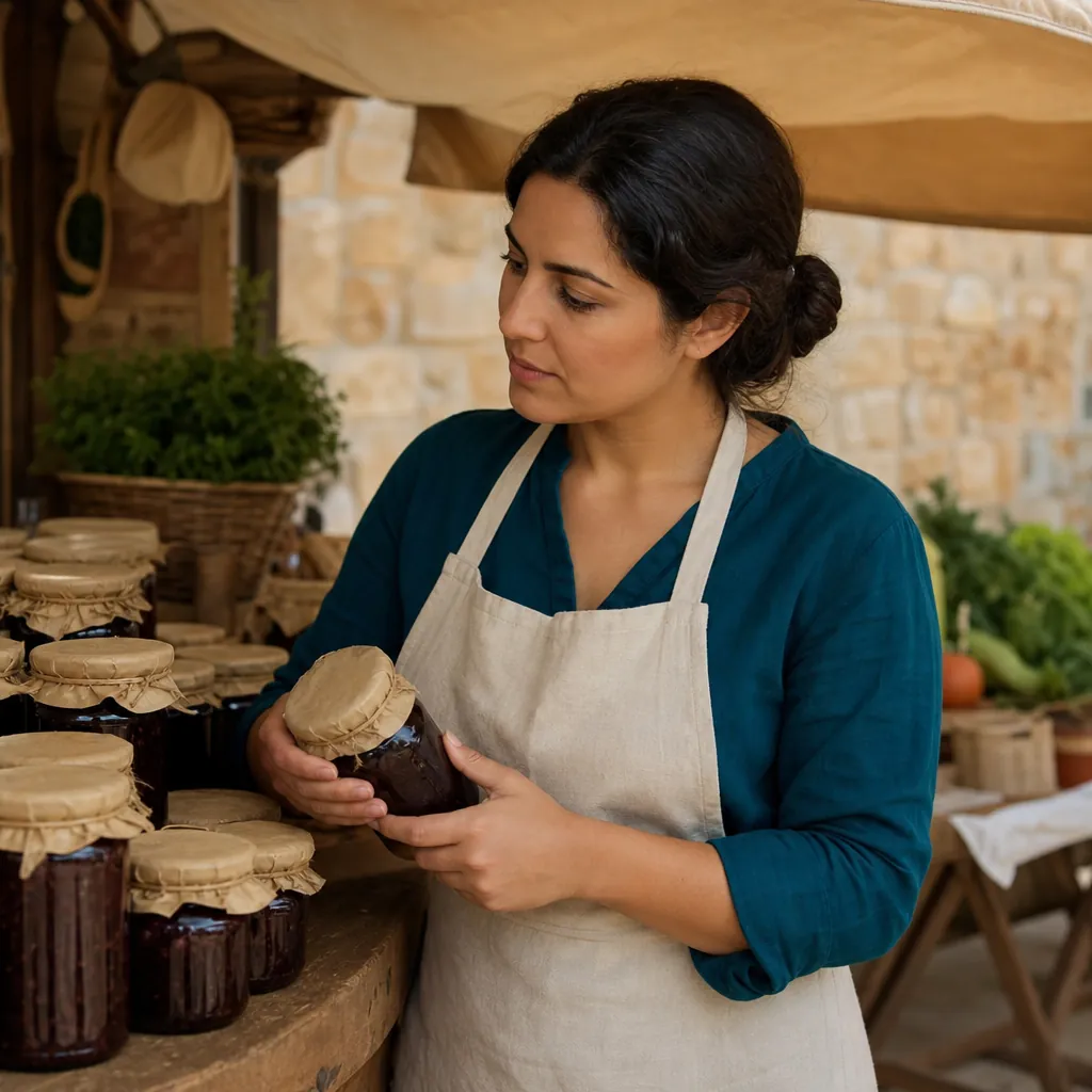 Sana El-Masri, a woman in her thirties with dark hair tied back, examining sealed jars on a wooden market counter under an awning, Sana El-Masri, 400x400