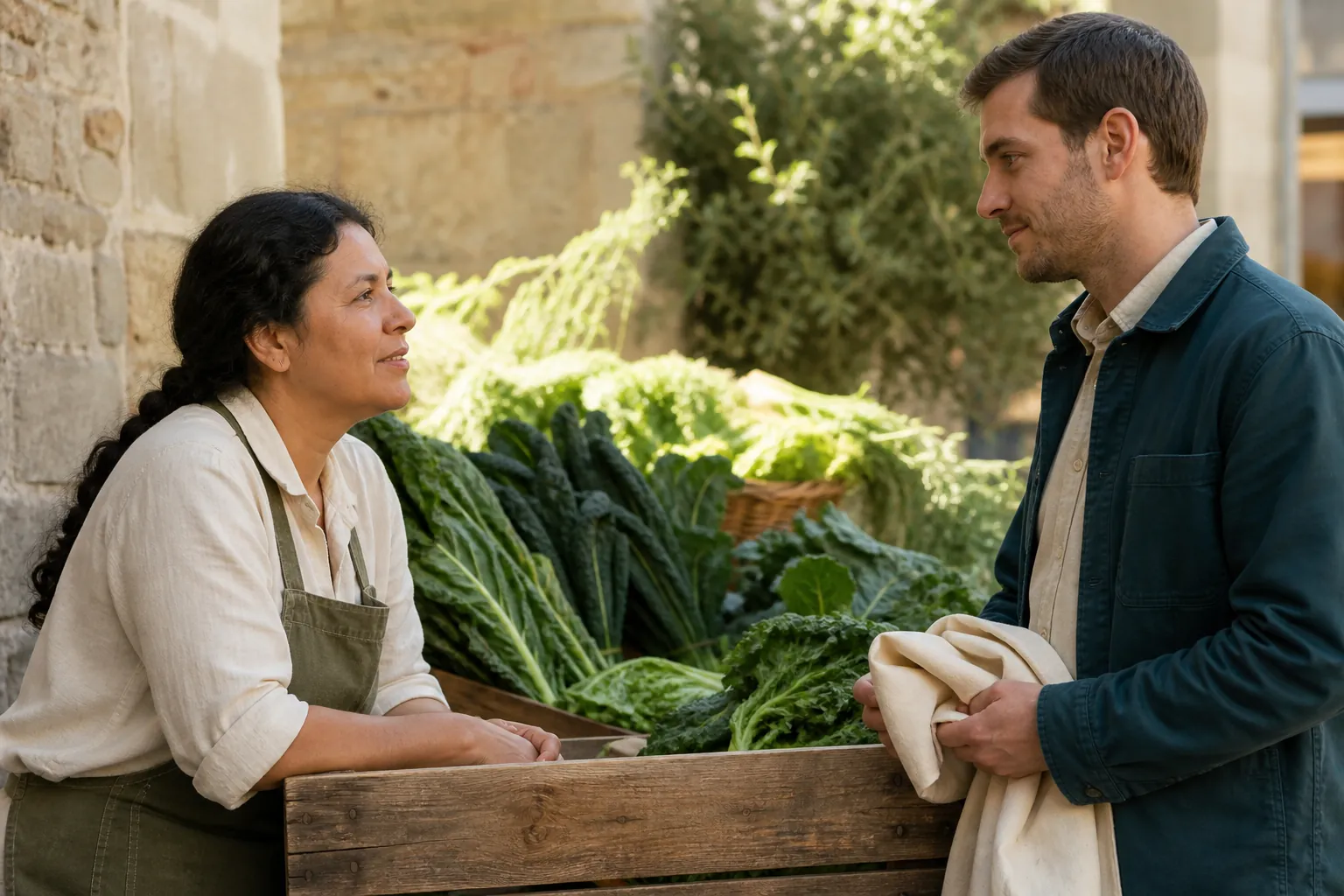 Two people talking across a wooden produce crate, one vendor leaning on the edge, the other a shopper with a folded cloth bag, no raised voices, stacked greens behind them in soft morning light, 1600x900