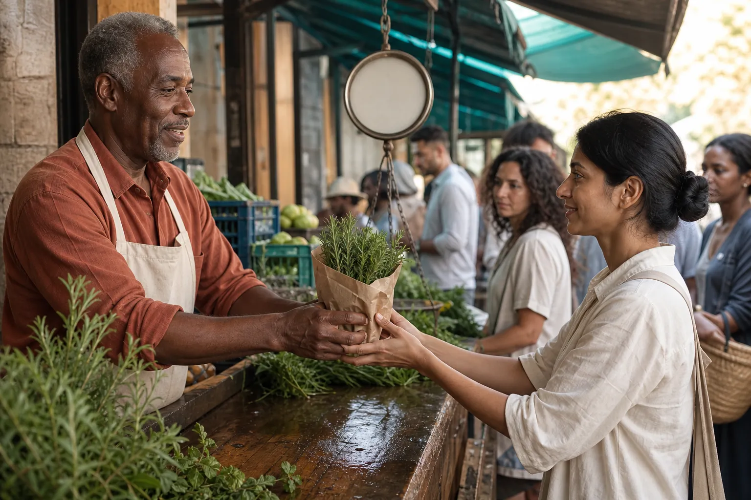 Market vendor in an apron handing a paper-wrapped herb bundle to a regular customer across a wet wooden counter, other shoppers waiting in a narrow aisle, hanging scale in the background, 1600x900